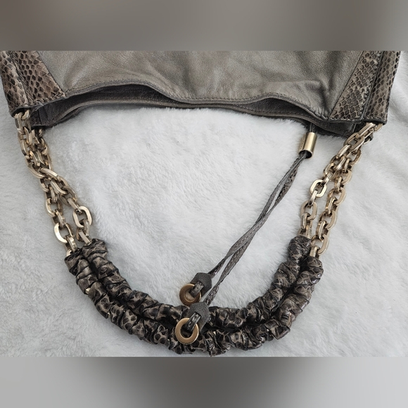 Jimmy Choo Grey/Black Leather and Python Trim Tatum Fringe Hobo - Picture 6 of 8